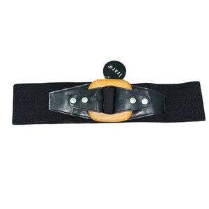 Izaro Stretch Belt Black Elastic Faux Leather Wooden Buckle Size Medium Large